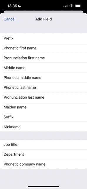 Choose new field on iPhone to add for a contact