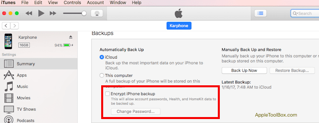 iTunes Encrypt Backup