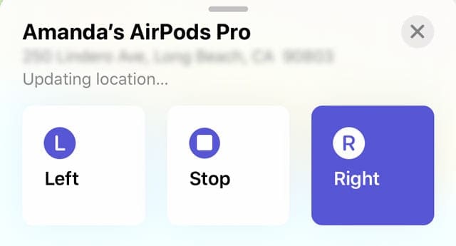 Left, right, and stop options to Play Sound on AirPods in Find My App