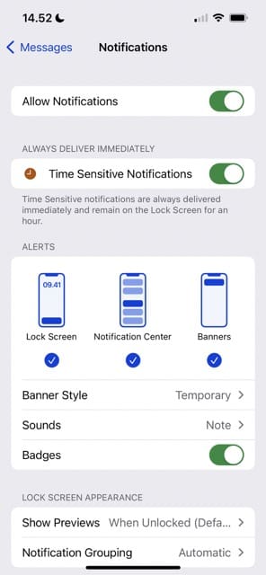The Messages App's notification settings on iPhone