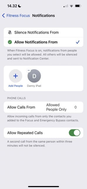 A new contact added for Focus Mode on iPhone