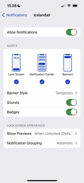 iPhone Notficiation App Settings
