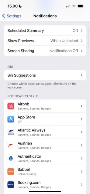 Screenshot showing the different notification app settings on an iPhone