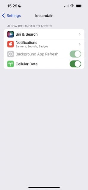 Settings for an app on iPhone