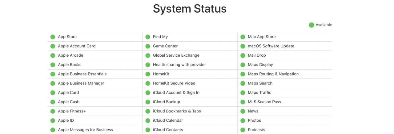 A screenshot showing the current status of Apple's System Servers