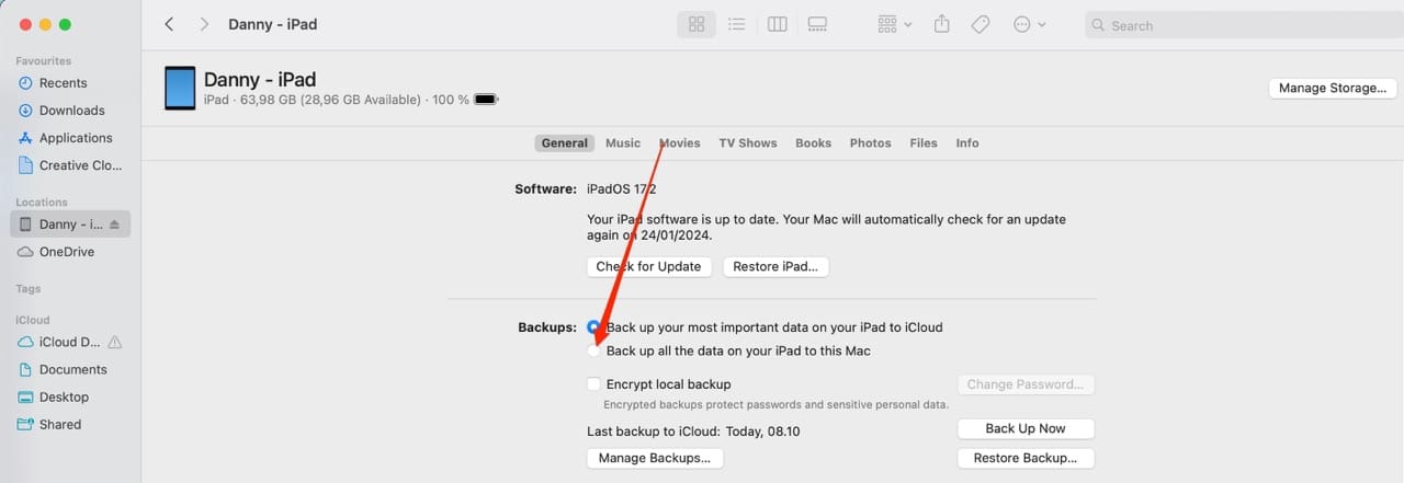 Select the option to back up your iPad to iCloud