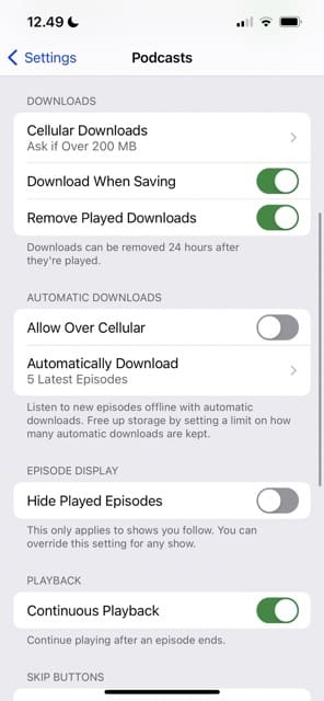The options to change iPhone podcast download settings