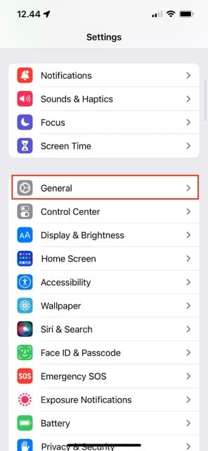 The General tab in iOS Settings
