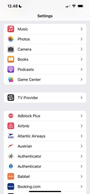 The Settings app showing numerous apps, such as Podcasts