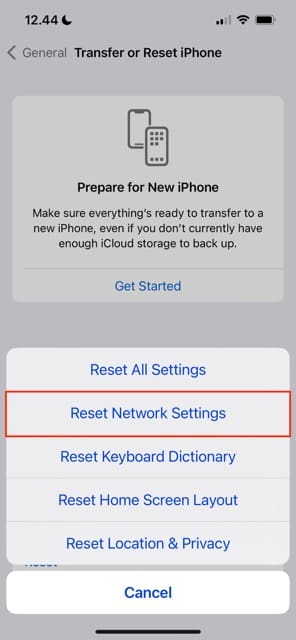 Tab showing how to reset iPhone Network Settings