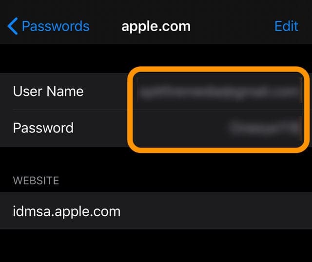iOS passwords and usernames under Passwords and Accounts