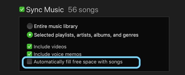 uncheck in iTunes to automatically fill free space with songs on iPhone or iPad