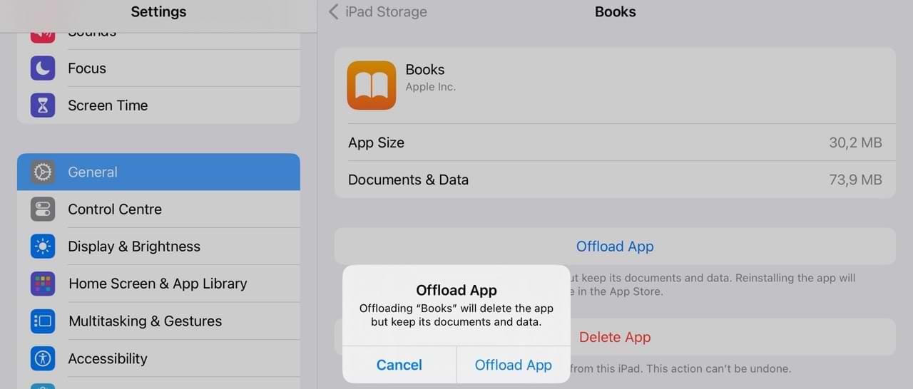 Confirm the offloading of Apple Books