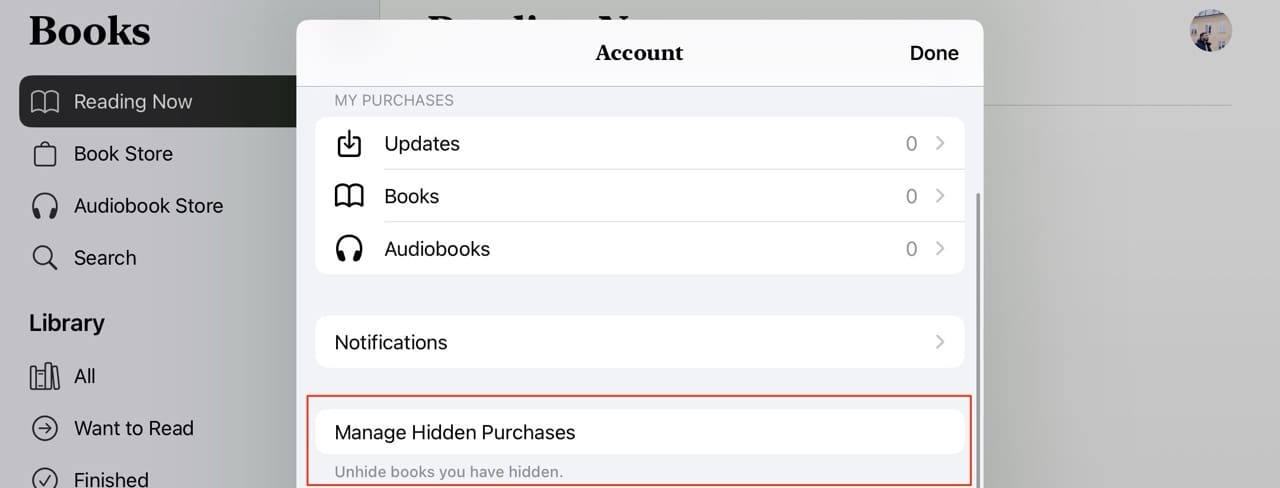 The option to manage hidden purchases in the Apple Books app