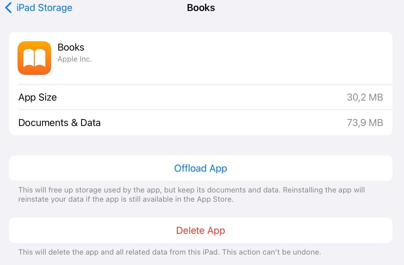 The option to offload Apple Books