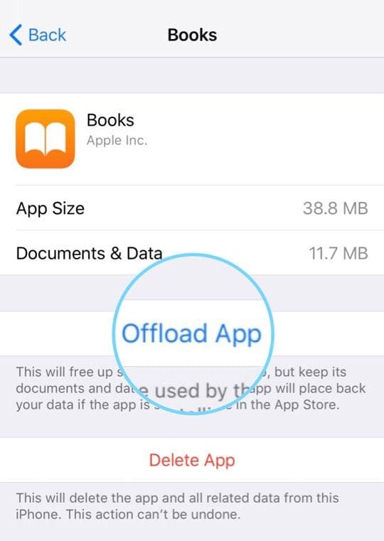 offload Apple books app from iPhone iOS 12