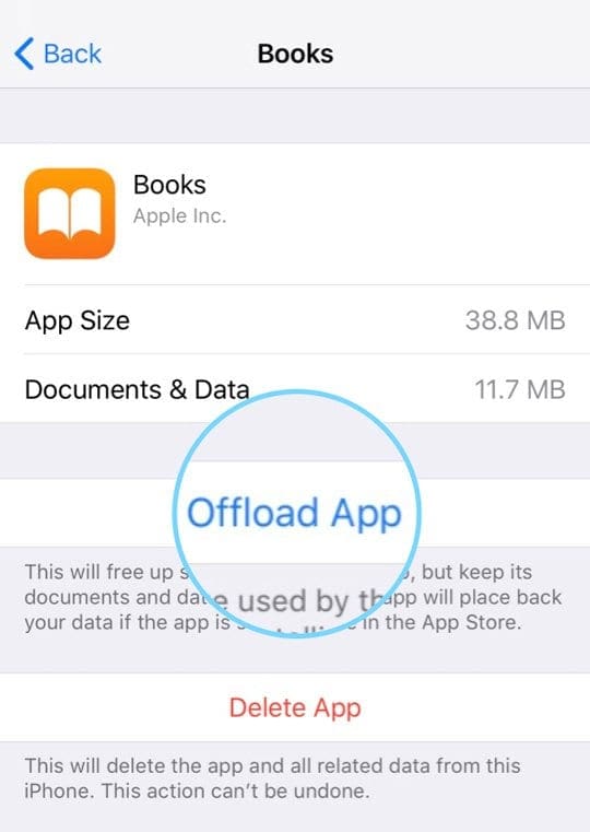 décharger l'app Apple books de l'iPhone iOS 12