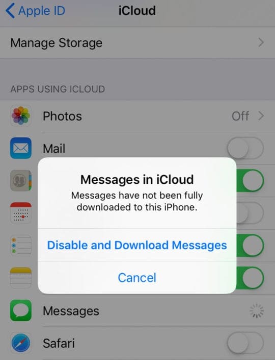 turn off Messages in iCloud on iPhone or iPad 