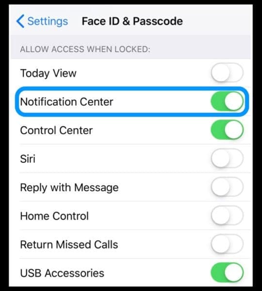 Notification Center on iPhone Allow Access on Lock Screen 