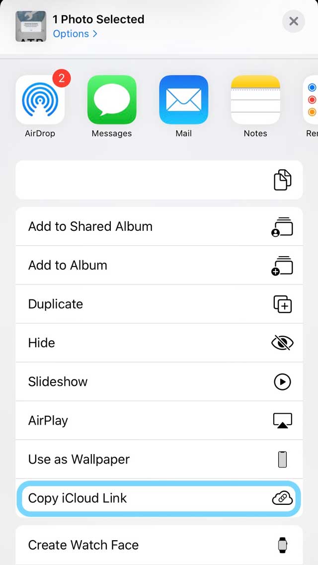 iOS 13 and iPadOS Copy iCloud Photo Link