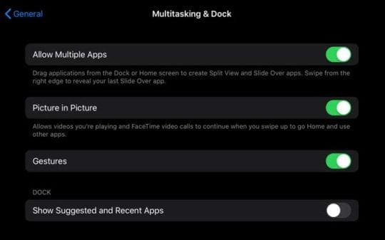 iPadOS settings for multitasking and dock