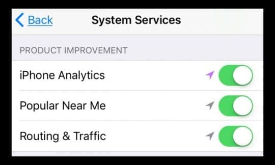 Location Services System Services Product Improvement Toggles