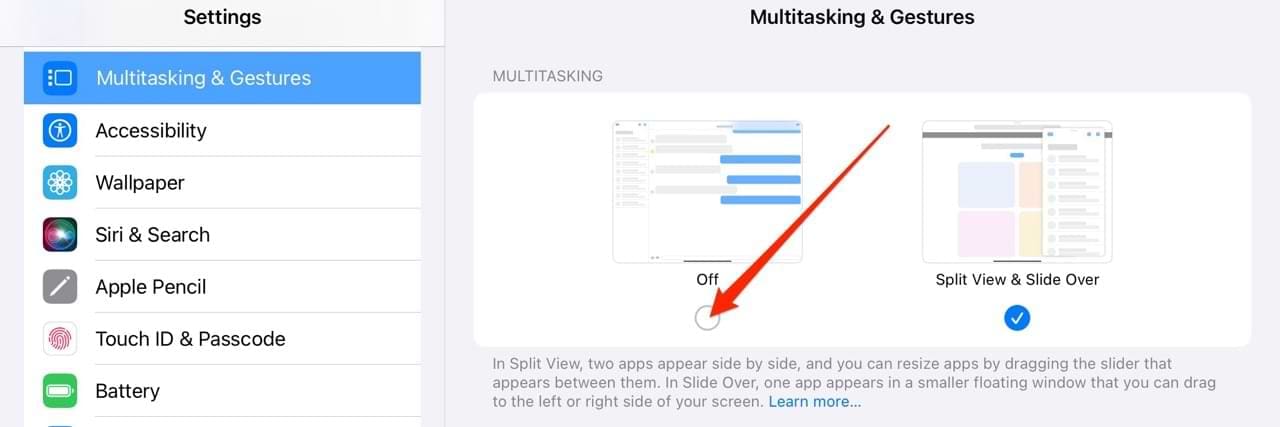 Turn off iPad Multitasking Features