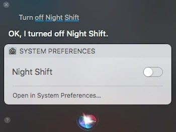 Turn NightShift on MacBook using Siri