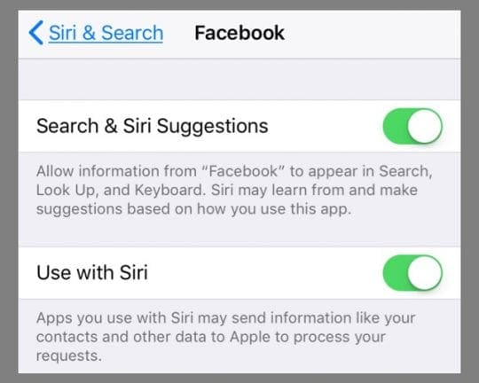 Siri Options for Facebook iOS 11