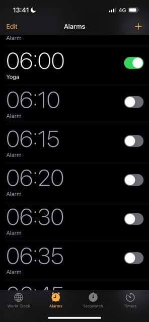 An alarm set on an iPhone