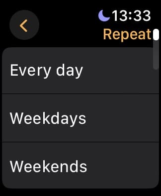 The Repeat Tab in the Apple Watch Alarm App