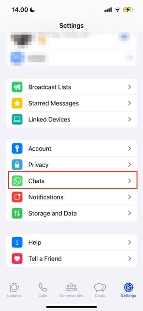 Select Chats in WhatsApp Settings