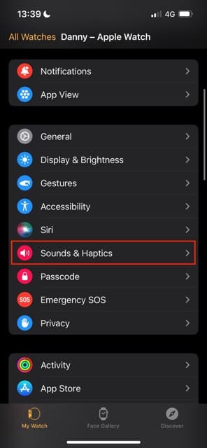 The Sounds and Haptics tab in the iOS Watch app