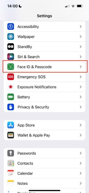 iPhone Face ID and Passcode Tab Screenshot