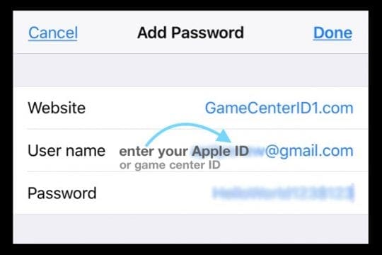 Game Center ID или Apple ID для Game Center в учетных записях и паролях iDevice