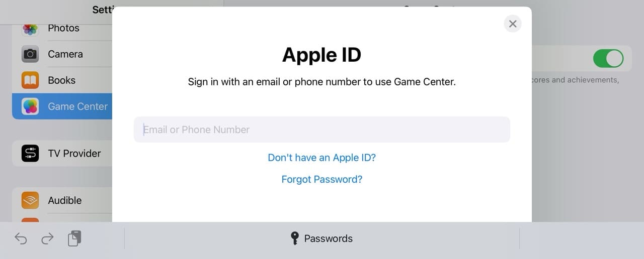Select the Passwords feature on the Game Center