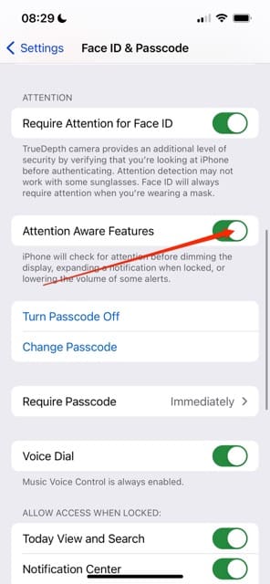 Toggle off Attention Aware on iPhone