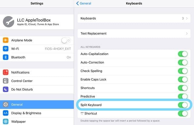 iPad Split Keyboard Settings