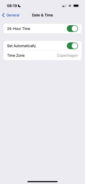 Toggle date and time settings on an iPhone