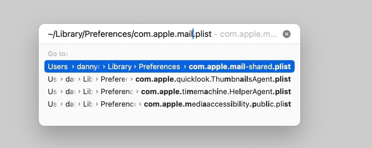 Look for and delete plist files associated with the Mail app