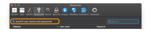 autofill user names and passwords checkbox on Mac's Safari