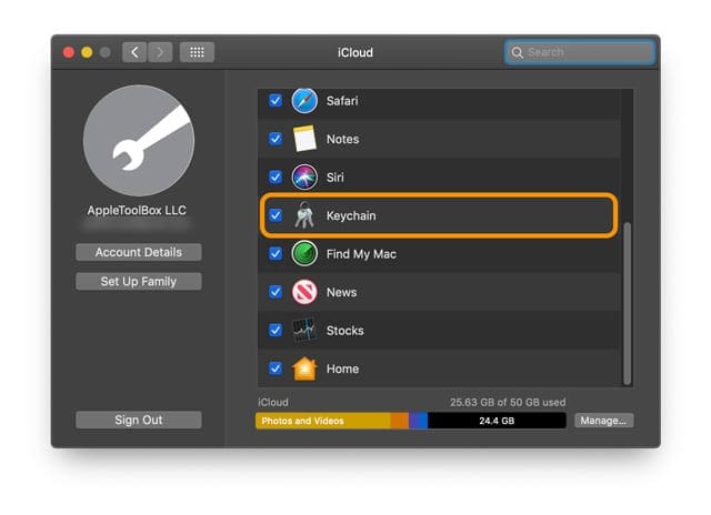 keychain system preferences for iCloud on Mac