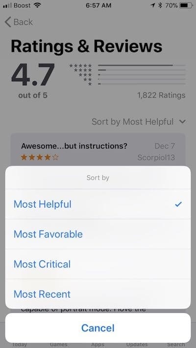 Sorting through App Store Reviews on iPhone