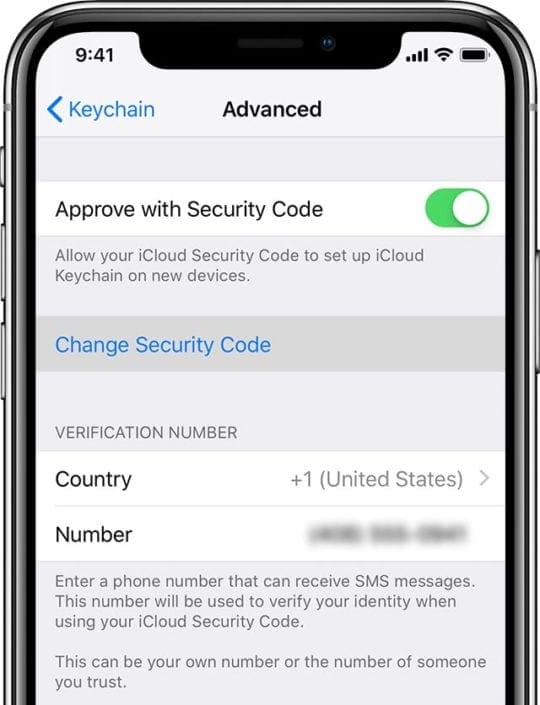 iCloud keychain approve with security code