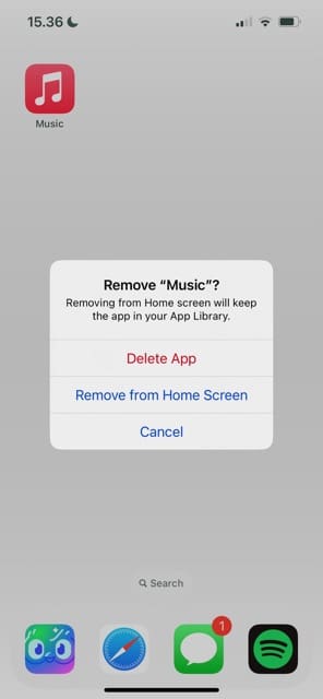 Pop-up window asking to confirm your Apple Music app deletion