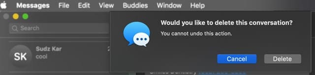 Mac Message App Delete confirmation message pop up