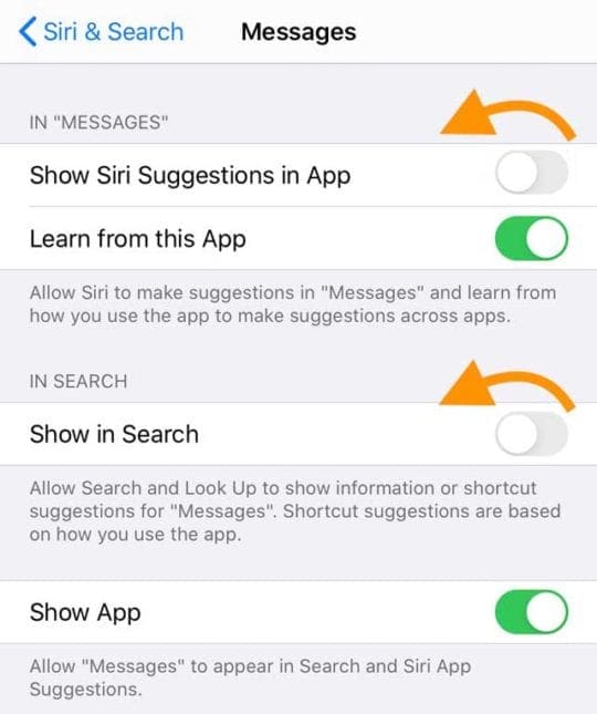 siri and search options for Messages app