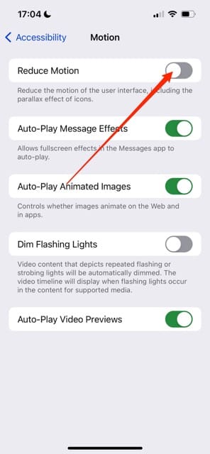 Toggle off Reduce Motion on iPhone