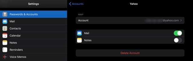 remove yahoo account from an iPad in dark mode iOS 13