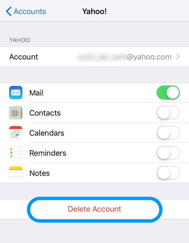 remove a yahoo email account from an iPhone, iPad, or iPod using Passwords and Accounts Settings